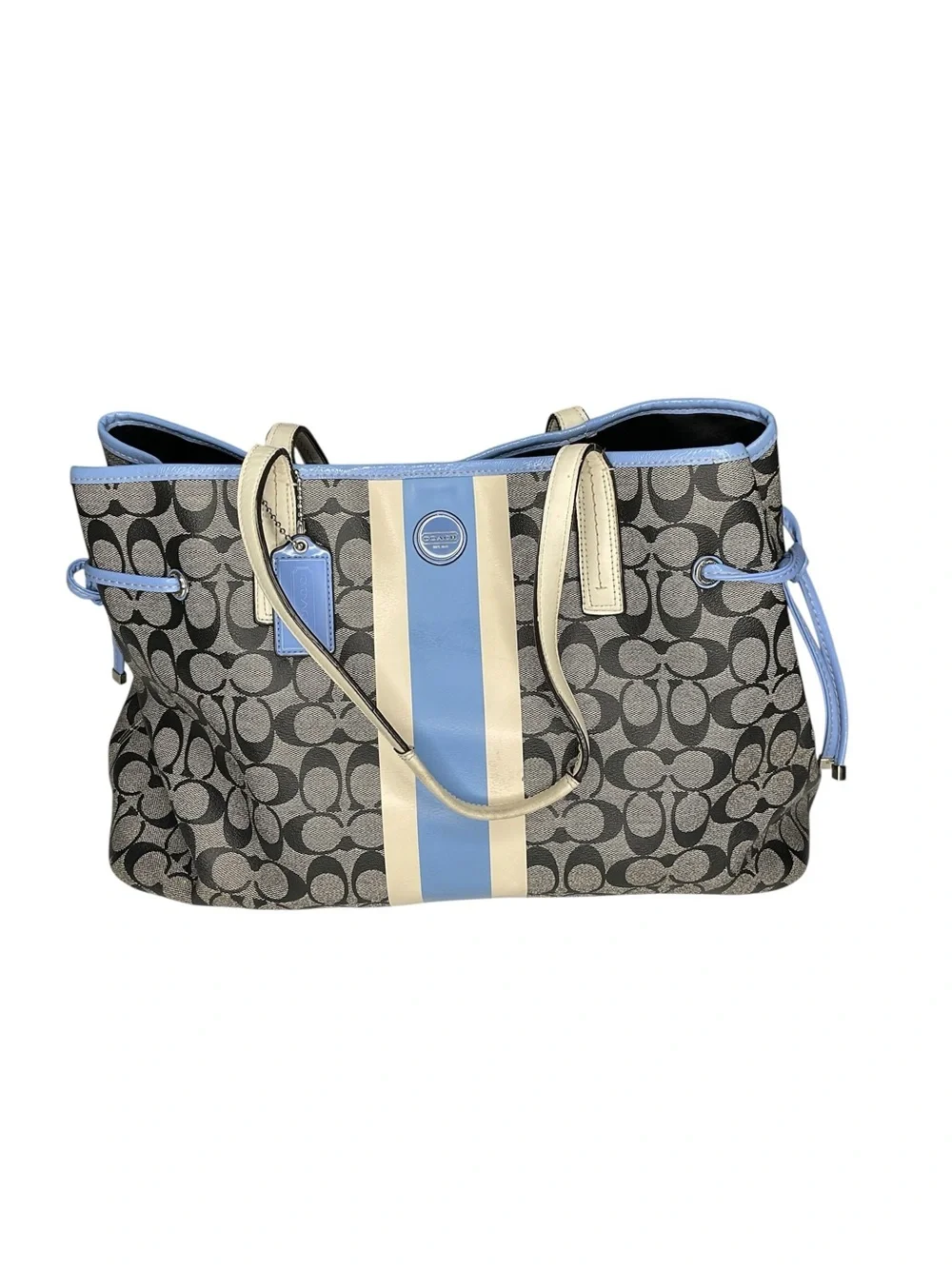 Coach Signature Stripe Drawstring Tote Bag Blue Canvas Leather F23049